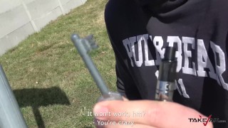 Short hair rich bitch filled with cum in driving car