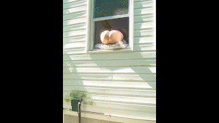 HORNY dildo orgasm squirting out of window while neighbors are outside!