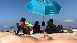 Beach dickflash #16 with cumshot and girls Reaction