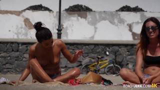 Hot Tanned Topless Babe with Pierced Nipple Filmed on Beach by Voyeur