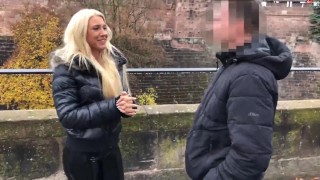 Blond babe asking people on the streets to fuck her